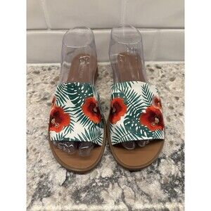 Kenneth Cole Women’s 8.5 Joanne Embroidered Slides Flats Red Palm Print